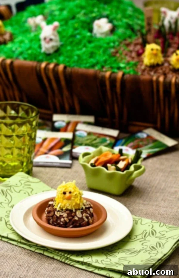 Close-up of cute Rice Krispies chicks with orange beaks and chocolate eyes, sitting in edible chocolate nests