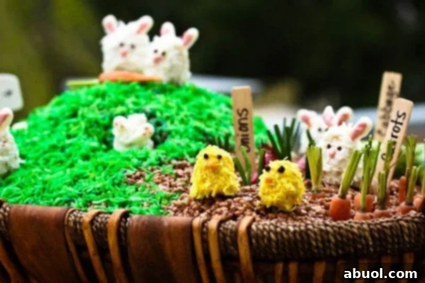 Assortment of Lemonade Rice Krispies chicks and bunnies, colorful spring vegetables, and cocoa nests in a festive Easter basket