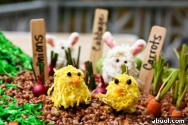 Detailed shot of the Cocoa Krispies garden centerpiece with chocolate bunnies and edible vegetables