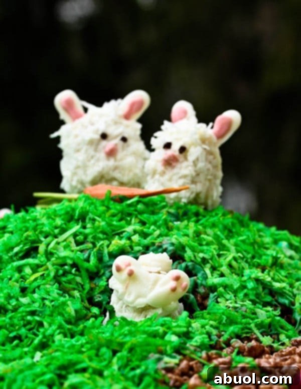 Variety of Lemonade Rice Krispies chicks and bunnies displayed in a rustic Easter basket filled with green shredded coconut