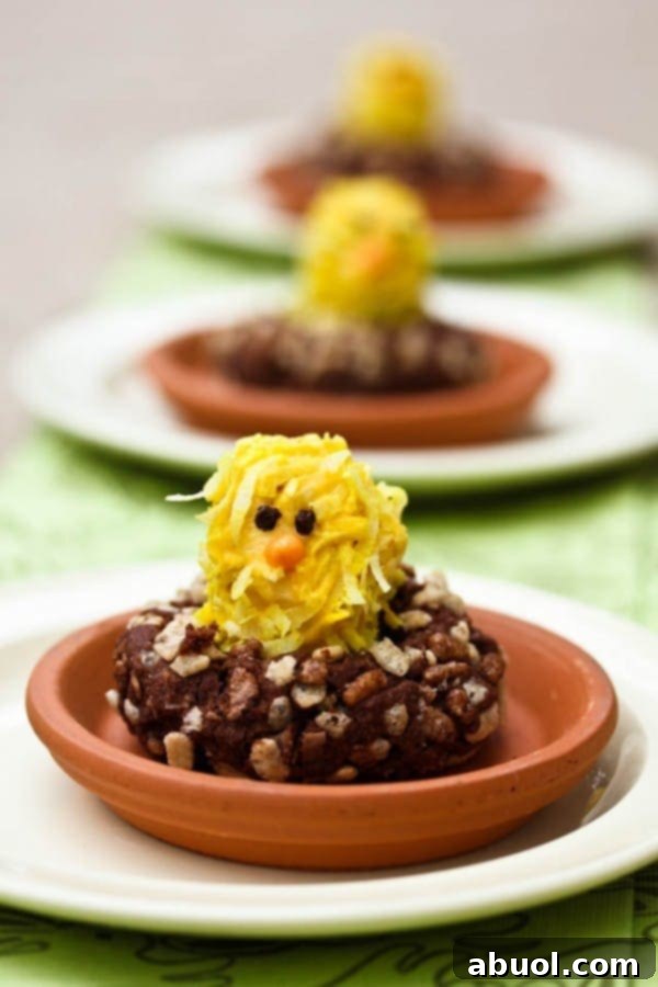 A close-up of a single Lemonade Rice Krispies chick in a Cocoa Krispies nest, showcasing intricate details