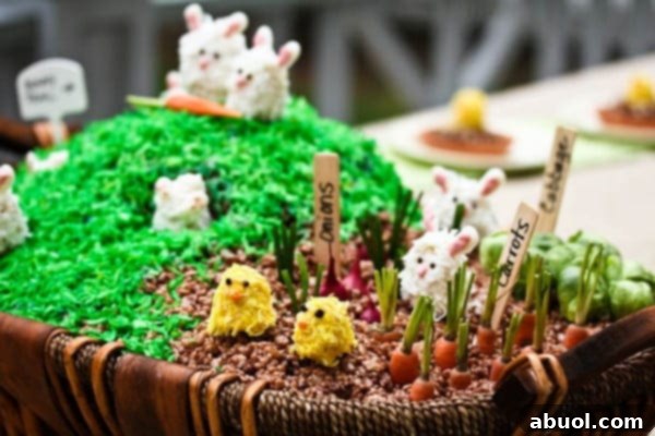 Lemonade Rice Krispies chick in a cocoa nest with other spring-themed treats, ready for an Easter celebration