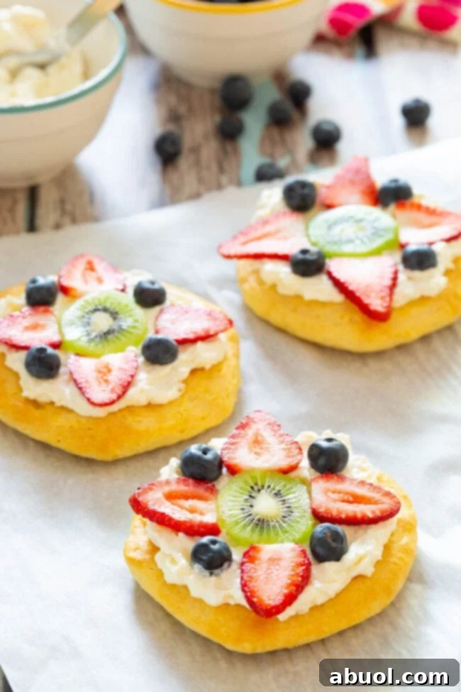 Close-up shot of a colorful Fruit Pizza for Breakfast with fresh berries.