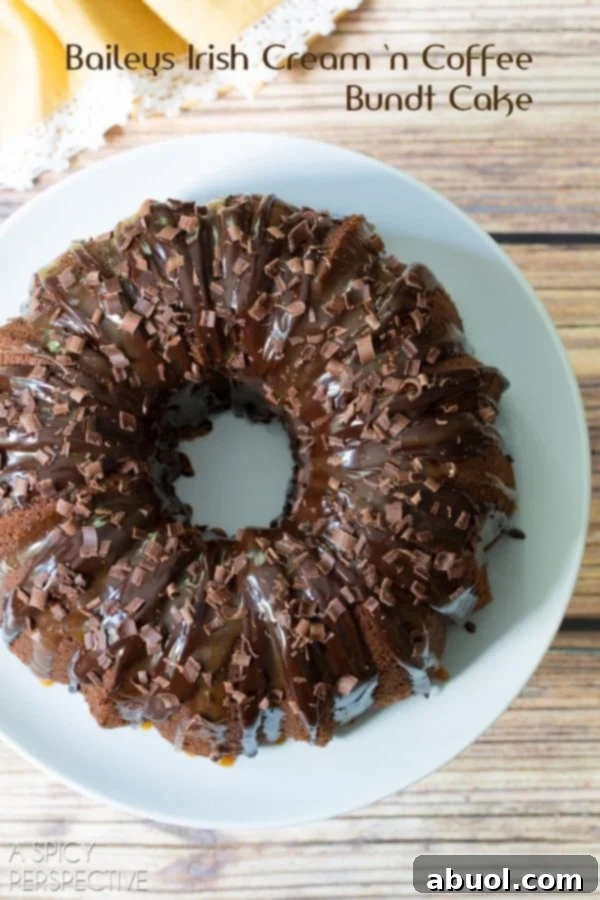 Boozy Baileys Bundt Bliss 2 Overhead shot of a perfectly baked and elegantly decorated Baileys Irish Cream Bundt Cake on a serving plate.