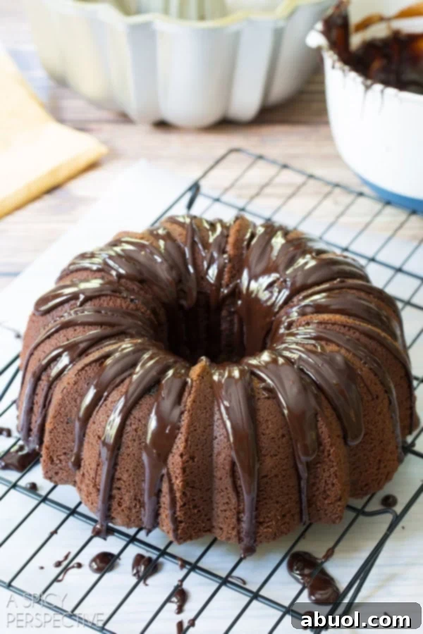 Boozy Baileys Bundt Bliss 7 Baked Baileys Irish Cream Bundt Cake on a cooling rack, drizzled with chocolate ganache and caramel.