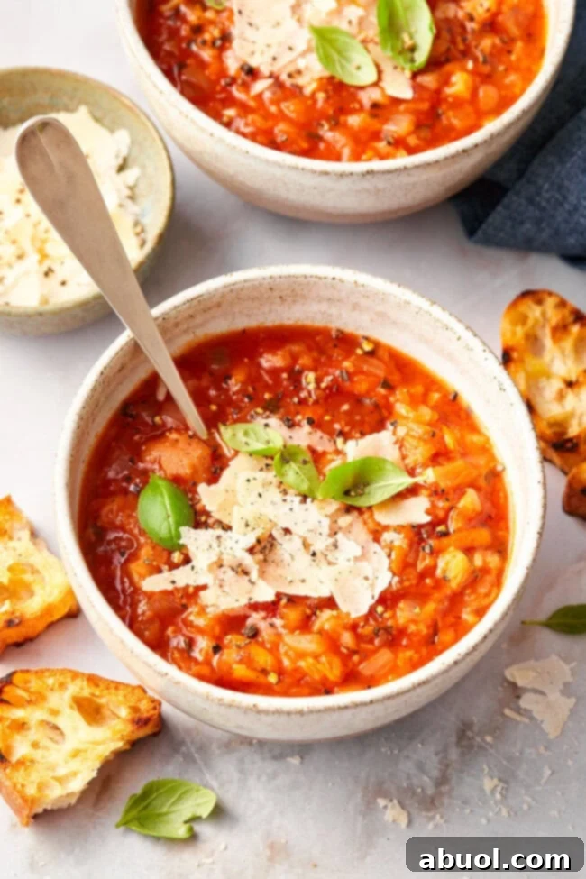 Tuscan tomato soup in a bowl with freshly shaved Parmesan cheese and a silver spoon.