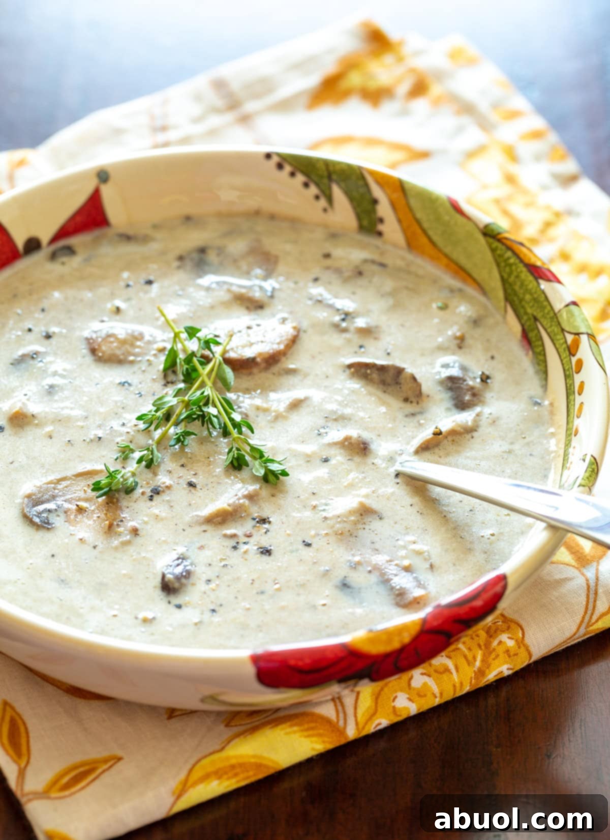 Earthy Forest Mushroom Elixir 2 Wild mushroom soup close up shot in bowl with sliced wild mushrooms and thyme.