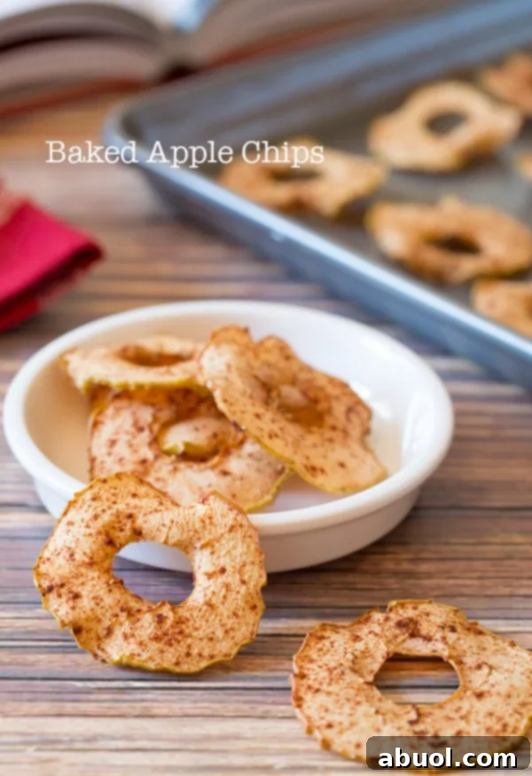 Crispy baked apple chips in a white bowl, with a few artfully placed on a wooden surface.