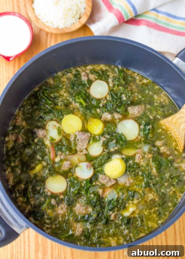 A top down view of kale and sausage soup in a soup pot.
