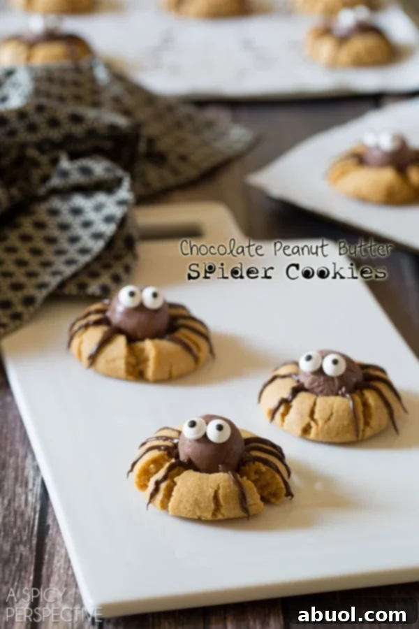 Simple Chocolate Peanut Butter Cookies decorated as spiders for Halloween