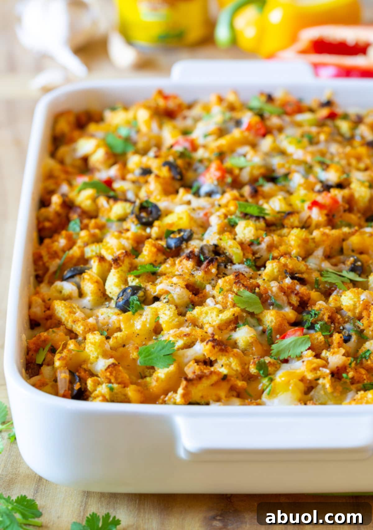 Mexican Thanksgiving Cornbread Stuffing Recipe in baking dish