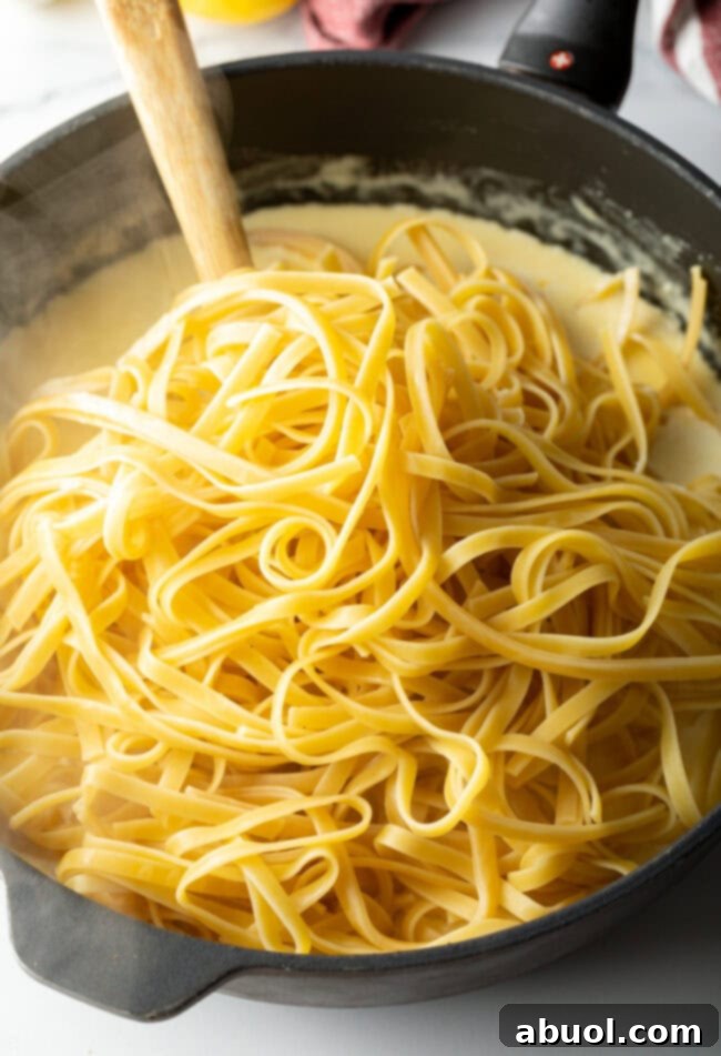 Noodles coated in rich Alfredo sauce, ready to serve