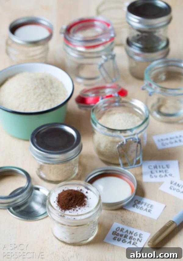 Infused Sugar - Beautiful jars filled with spiced sugars, with spices and labels neatly arranged on the countertop.