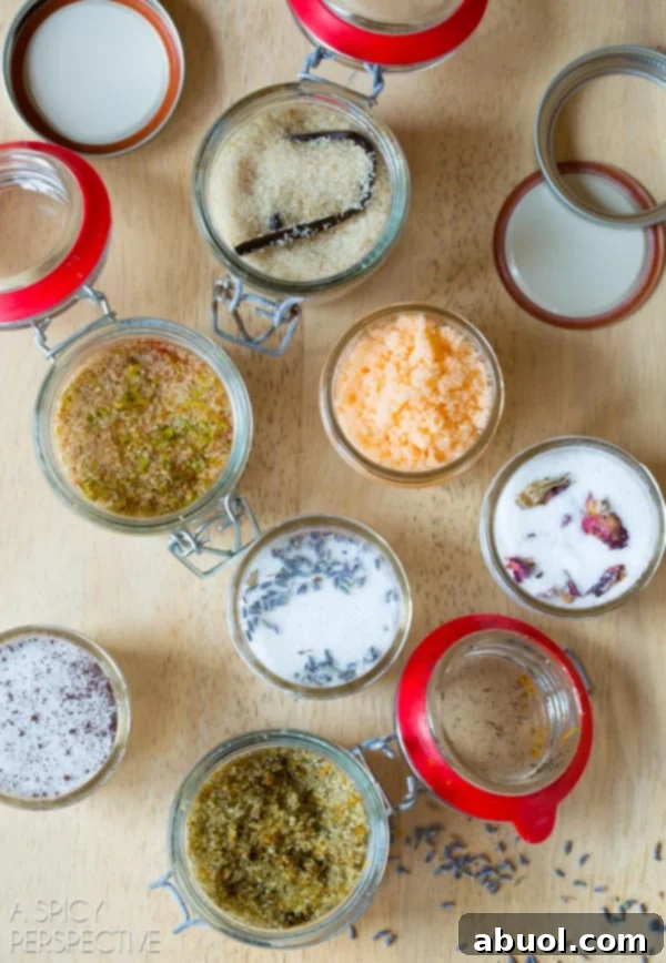 How to Make Flavored Sugars - Best Flavored Sugar Recipes for edible gifts, beautifully presented in various jars.