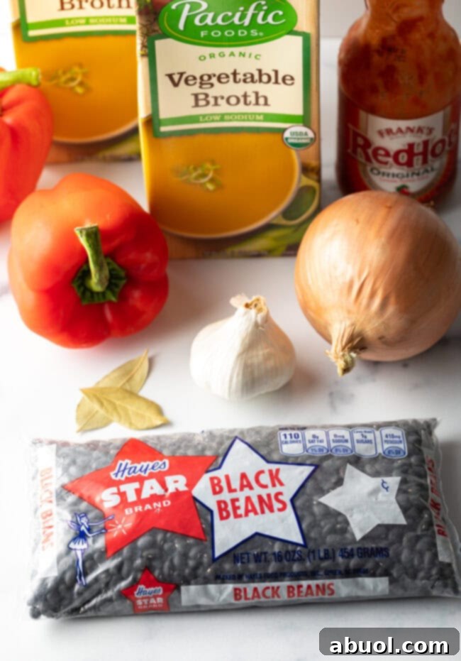 ingredients for making slow cooker black bean soup laid out on a counter