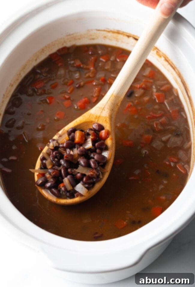 cooked black beans being lifted from the slow cooker pot for pureeing
