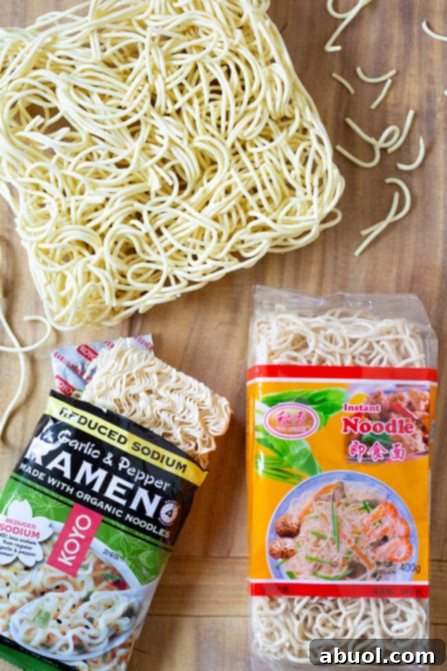 A visual guide showing different types of ramen noodles, from thin and curly to thicker, straight varieties.
