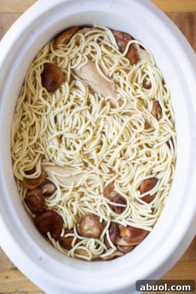 A close-up, overhead shot of dried ramen noodles and sliced chicken simmering in the flavorful broth inside a slow cooker.