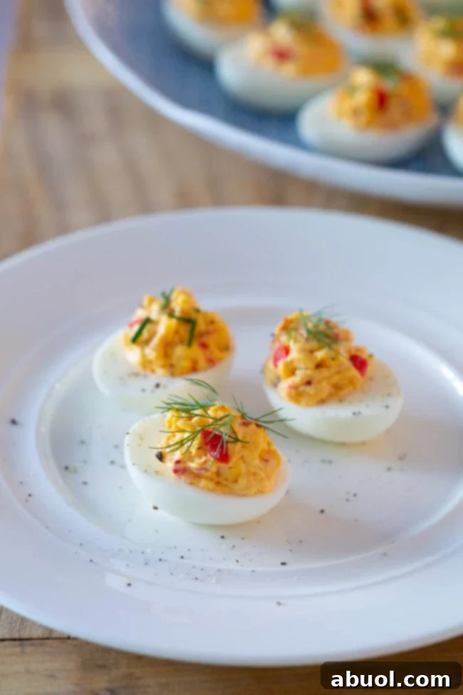 up close look at these deviled eggs with dill