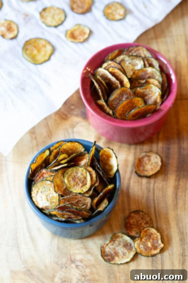 Overhead view of two bowls filled with freshly baked, golden-brown zucchini chips.