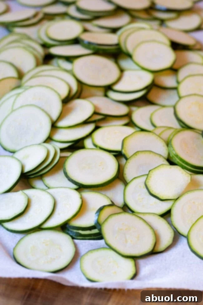 Fresh zucchini, perfectly sliced into thin, uniform rounds, laid out on a cutting board.