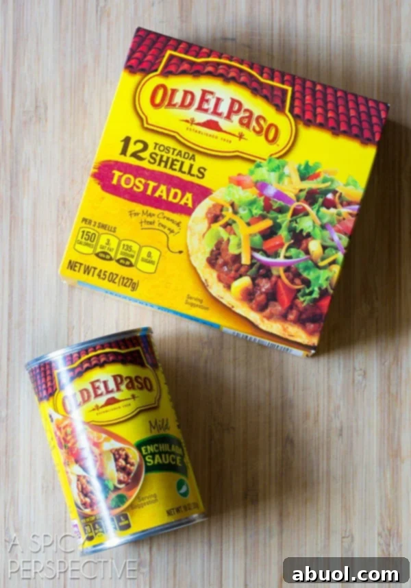 Old El Paso Ingredients: A box of gluten free tostada shells and a can of mild enchilada sauce.