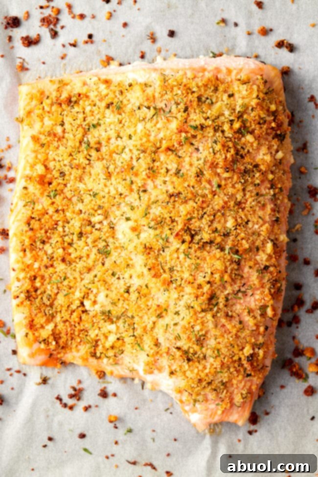 Perfectly golden and crispy oven baked salmon with parmesan crust, just out of the oven.