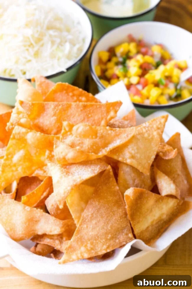 Crispy fried wonton chips in a bowl.