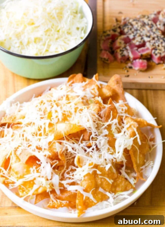 Wonton chips on a white plate topped with shredded cabbage.