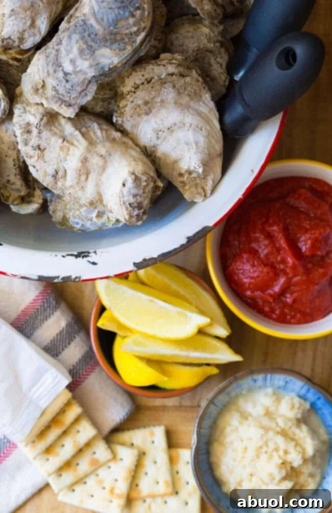 Oysters in a pot next to lemons, cocktail sauce, horseradish and saltines.