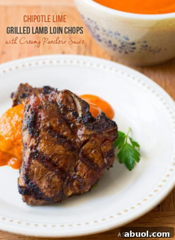 Grilled Lamb Loin Chops with Ranchero Sauce on cream colored plate