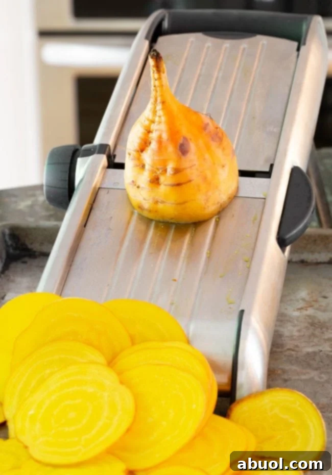 Fresh beets being expertly sliced paper-thin using a mandoline slicer, emphasizing the importance of even thickness for optimal crispiness.
