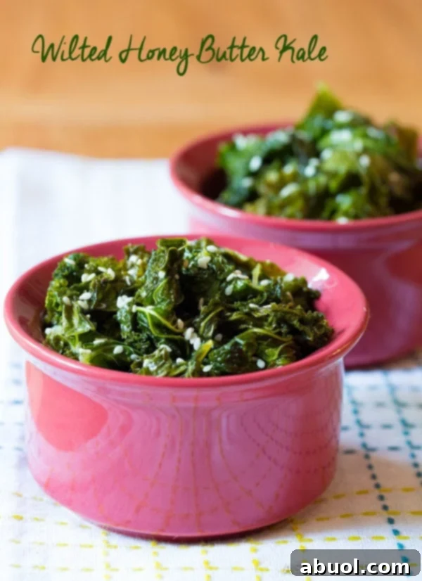 Honey Butter Wilted Kale 2 Southern Wilted Honey Butter Kale Recipe - Golden, tender kale glistening with honey butter, ready to be served.