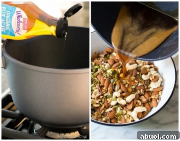 Left image shows agave being poured from a bottle into a large pot. Right image shows brown liquid from pot being poured into the large bowl with mixed nuts.