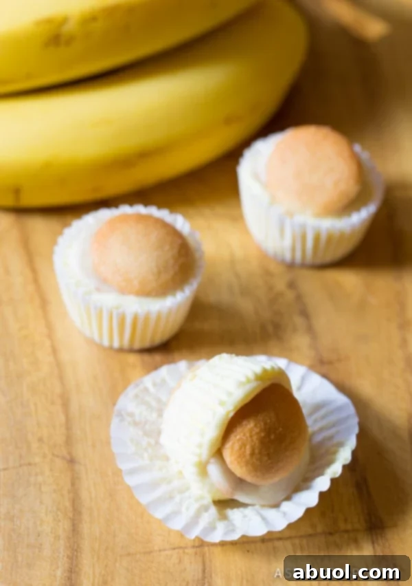 Close-up of a Mini Banana Cream Pie with whipped cream and cherry garnish