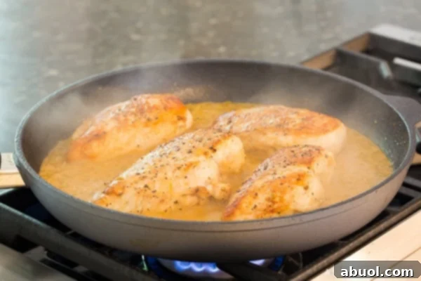 Lime Chicken Recipe Simmering in Skillet Tender chicken breasts simmering gently in a shallow, creamy garlic-lime sauce within a skillet, absorbing all the rich flavors.