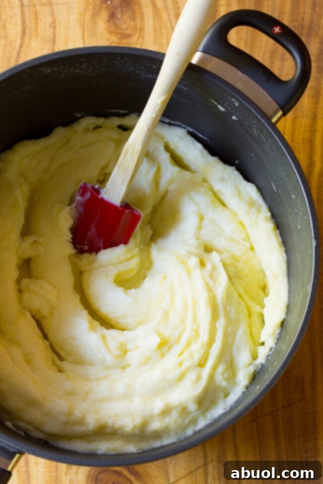 Top view of freshly mashed potatoes in large pot