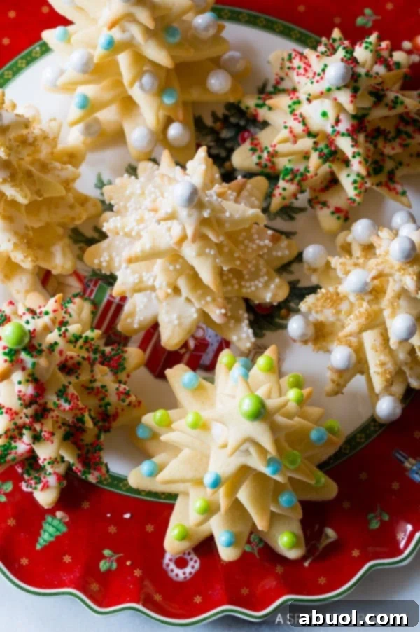 Fun to Make 3D Christmas Tree Cookies stacked on platter
