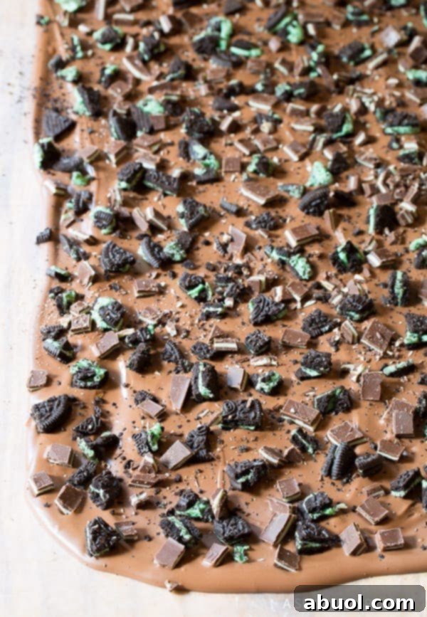 Lush image of Mint Oreo Chocolate Bark against a dark background
