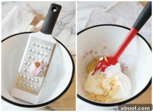 Step-by-step photos illustrating the preparation of the creamy horseradish sauce ingredients.