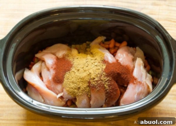 Roasted Red Pepper Crockpot Chicken Chili 5 Slow cooker with raw chicken tenders and spices.