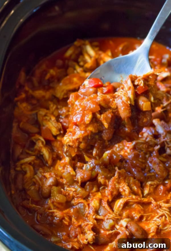 Roasted Red Pepper Crockpot Chicken Chili 7 Metal spoon showing a spoonful of chicken chili with beans to camera.