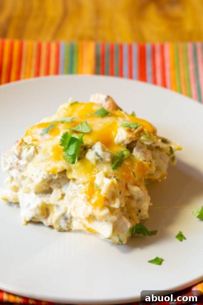 A single serving of King Ranch Chicken Casserole on a white plate, showing the creamy chicken, cheese, and tortilla layers.