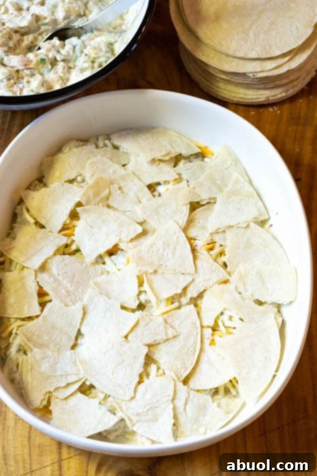 Adding another layer of tortillas over the chicken filling