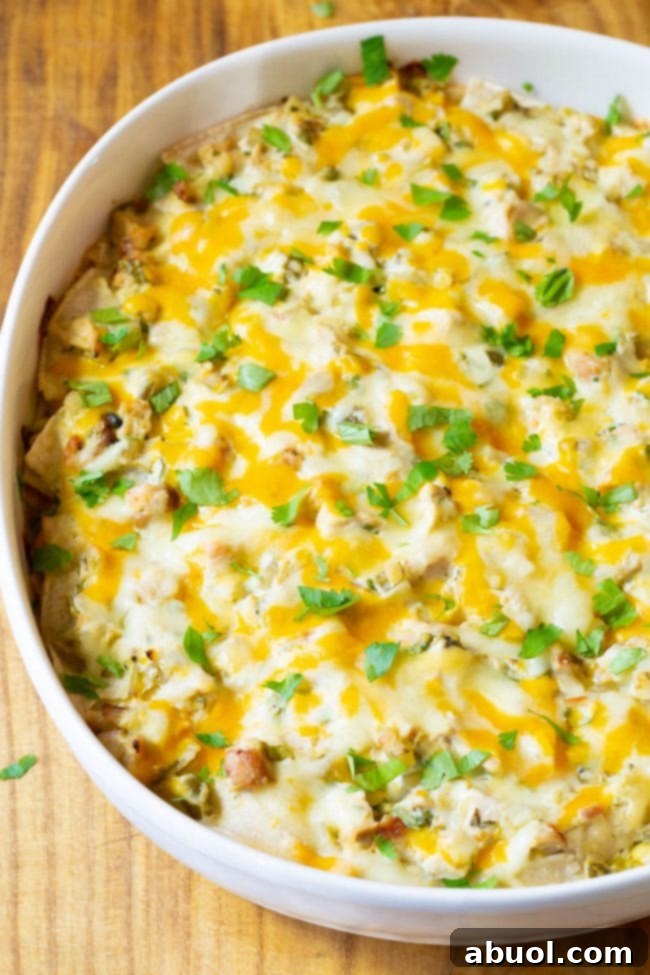 Finished King Ranch Chicken Casserole in a large baking dish, golden and bubbly.