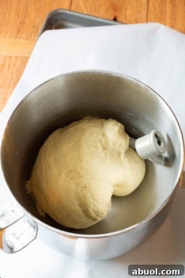 Close-up of garlic knots bread dough in a stand mixer bowl, showing its smooth, elastic texture.