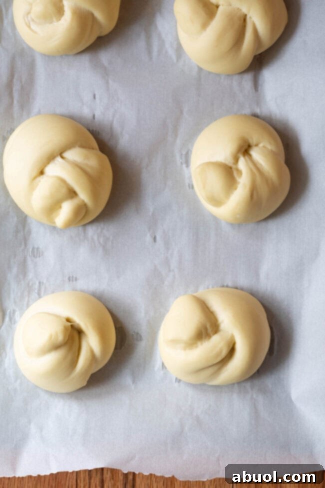 Uncooked garlic knots arranged on a parchment-lined baking sheet, brushed with water, and ready for their initial rise in the oven.