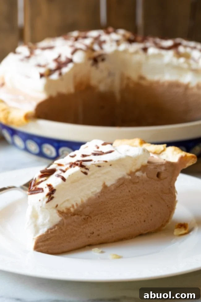 French Silk Pie slice closeup on plate