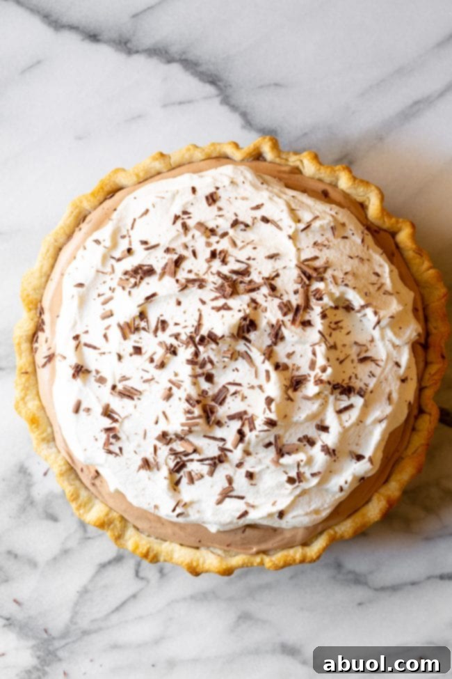 Overhead of full Chocolate Silk Pie with whipped cream