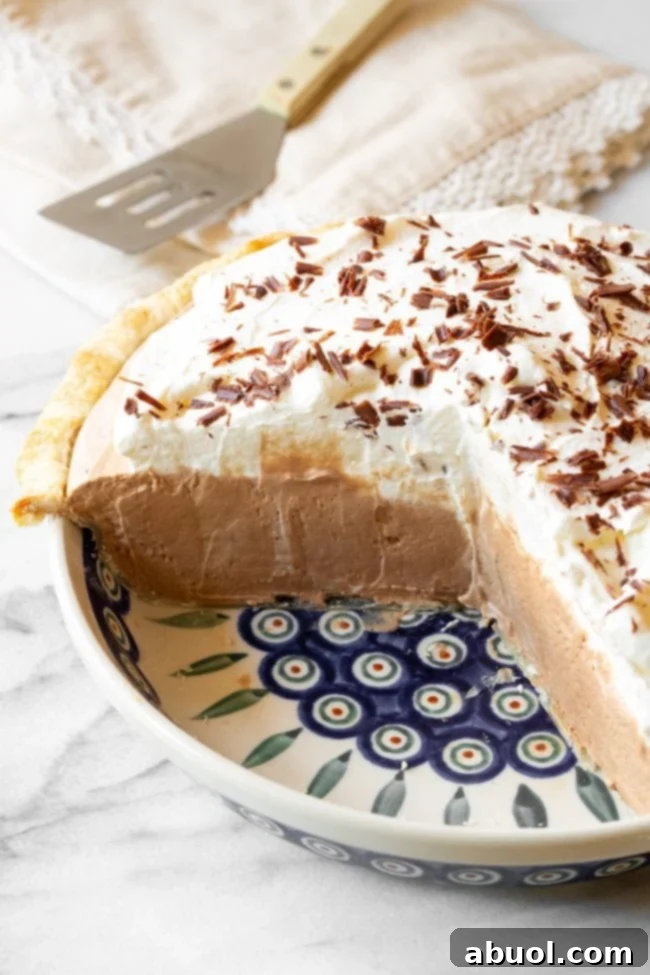 easy french silk pie recipe cut open to show the inside of the pie